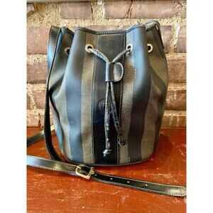 Fendi Pequin Vintage Stripe Bucket Bag Brown Canvas Drawstring Crossbody Italy